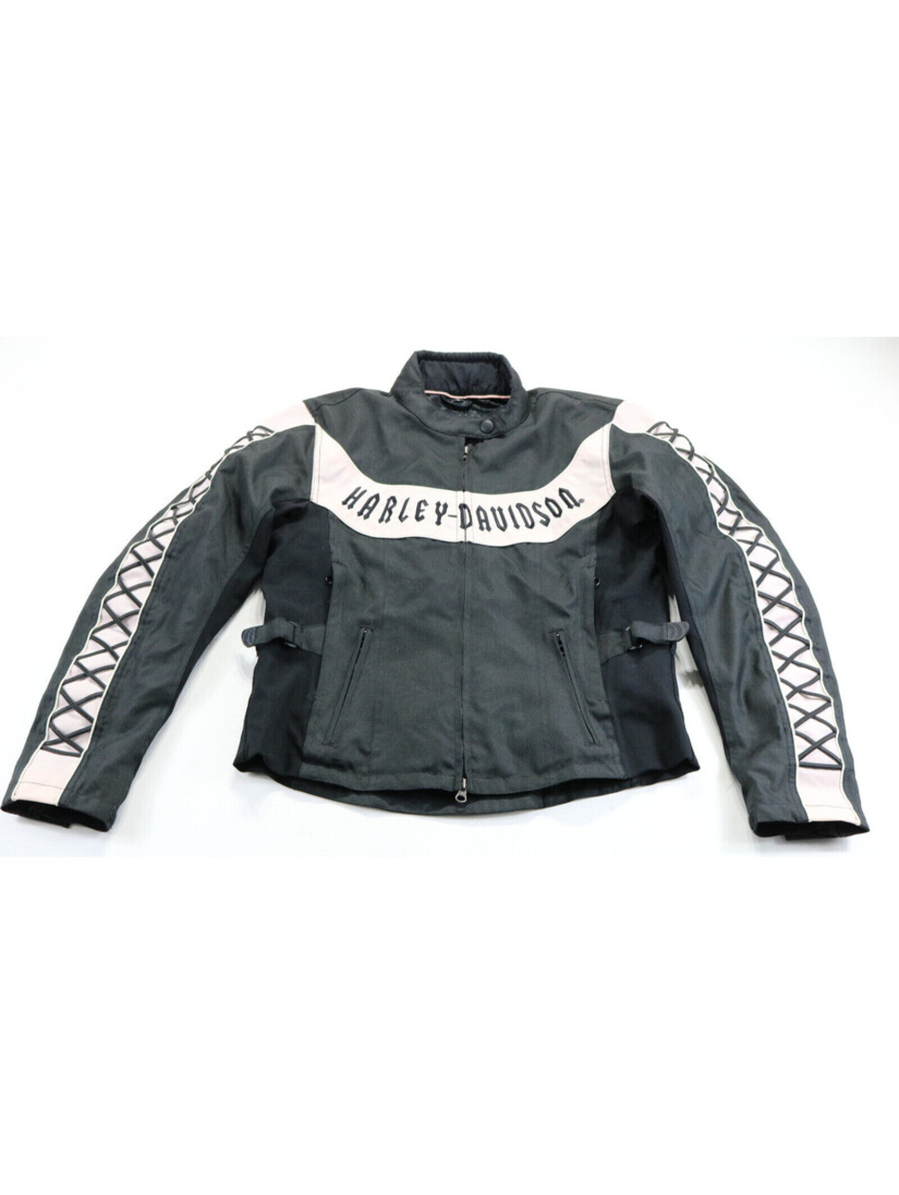 harley davidson jacket L black pink armor pockets waterproof zip leather bar euc